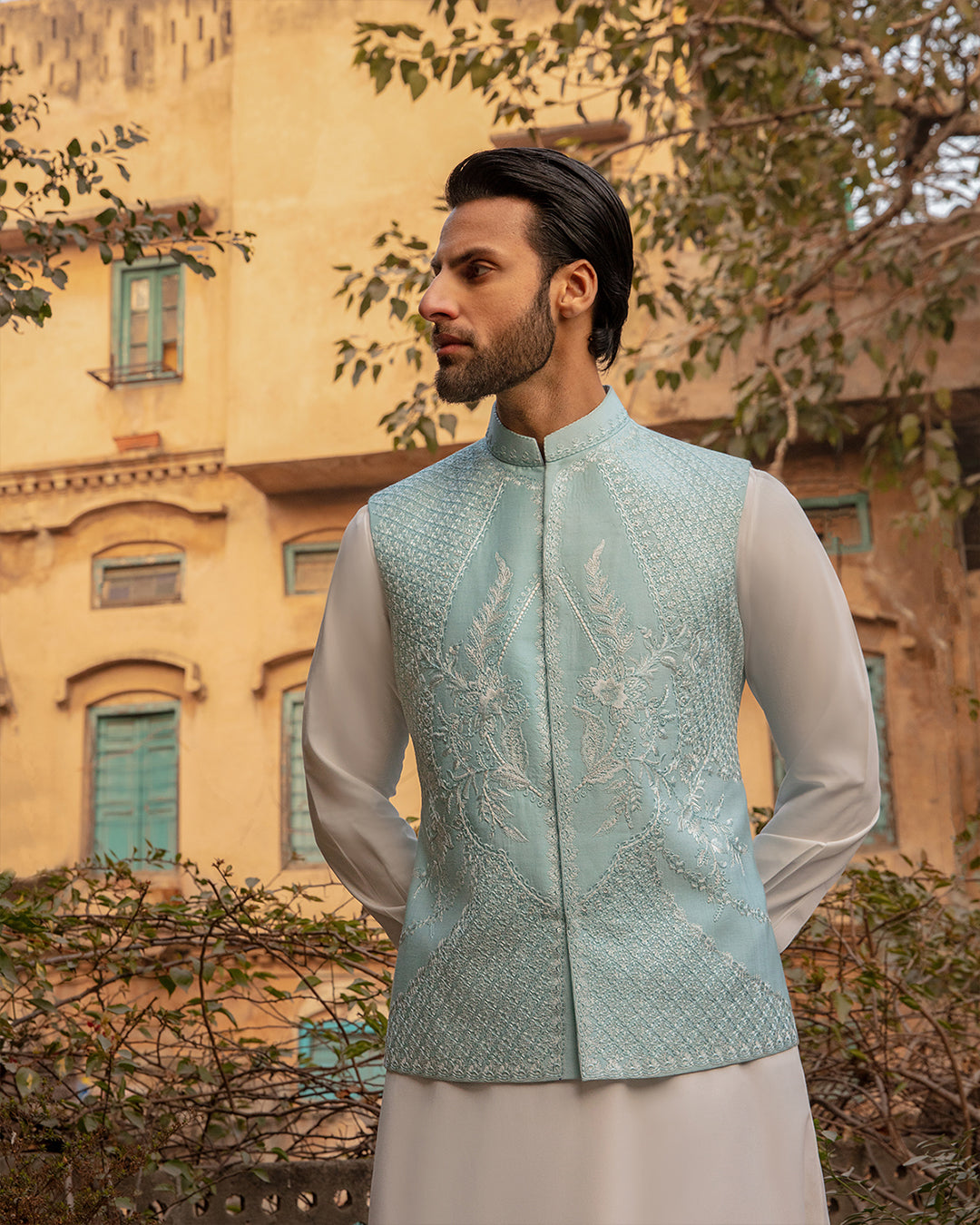 Ice Blue Resham Embroidered Paper Silk Waistcoat (3-Piece) - Image 3
