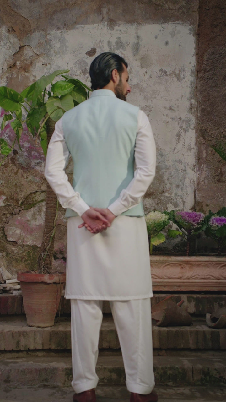 Ice Blue Resham Embroidered Paper Silk Waistcoat (3-Piece) - Image 4