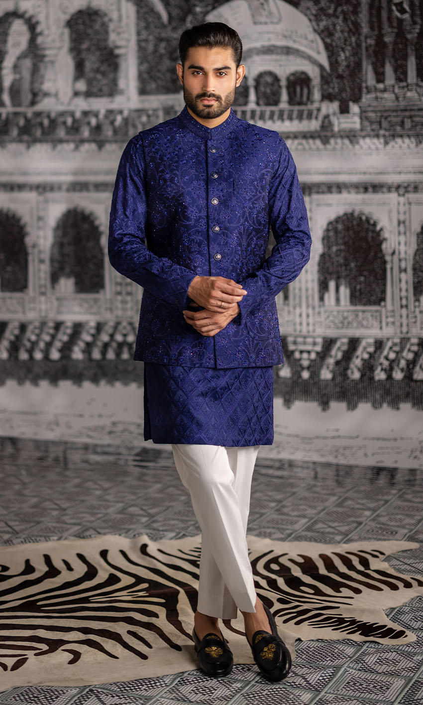 Royal Blue Embroidered Raw Silk Waistcoat Kurta (3-Piece) - Image 1