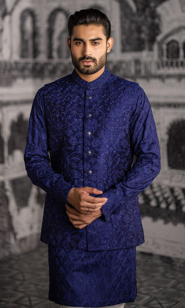 Royal Blue Embroidered Raw Silk Waistcoat Kurta (3-Piece) - Image 3