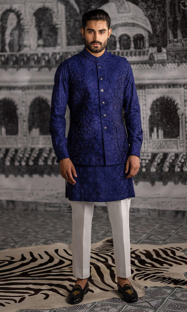 Royal Blue Embroidered Raw Silk Waistcoat Kurta (3-Piece) - Image 4