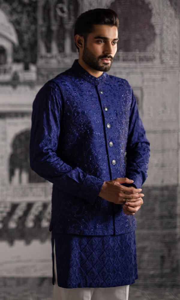 Royal Blue Embroidered Raw Silk Waistcoat Kurta (3-Piece) - Image 5