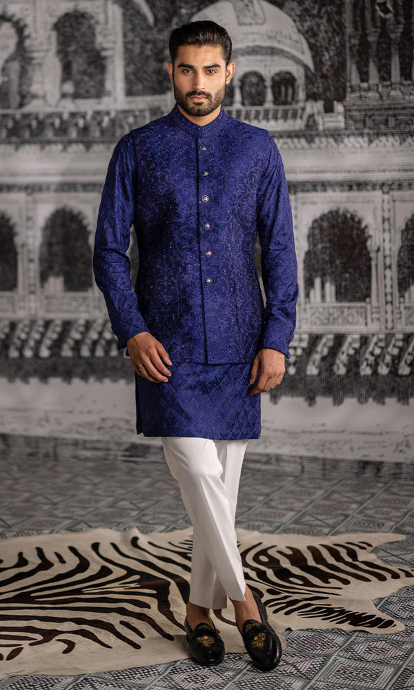 Royal Blue Embroidered Raw Silk Waistcoat Kurta (3-Piece) - Image 6