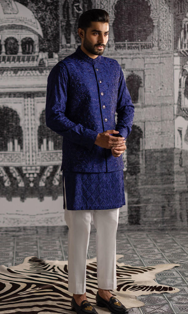 Royal Blue Embroidered Raw Silk Waistcoat Kurta (3-Piece) - Image 7