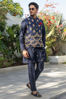 Blue Embroidered Raw Silk Waistcoat Kurta (3-Piece) - Image 2