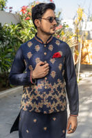 Blue Embroidered Raw Silk Waistcoat Kurta (3-Piece) - Image 3