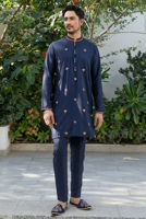 Blue Embroidered Raw Silk Waistcoat Kurta (3-Piece) - Image 5