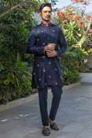 Blue Embroidered Raw Silk Waistcoat Kurta (3-Piece) - Image 7