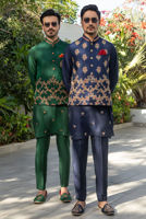 Blue Embroidered Raw Silk Waistcoat Kurta (3-Piece) - Image 8