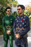 Blue Embroidered Raw Silk Waistcoat Kurta (3-Piece) - Image 9