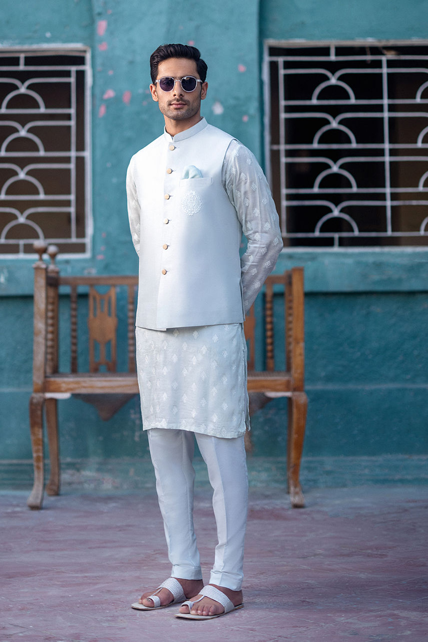 Mint Blue Embroidered Raw Silk Waistcoat Kurta (3-Piece) - Image 1