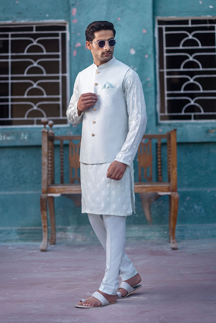 Mint Blue Embroidered Raw Silk Waistcoat Kurta (3-Piece) - Image 3