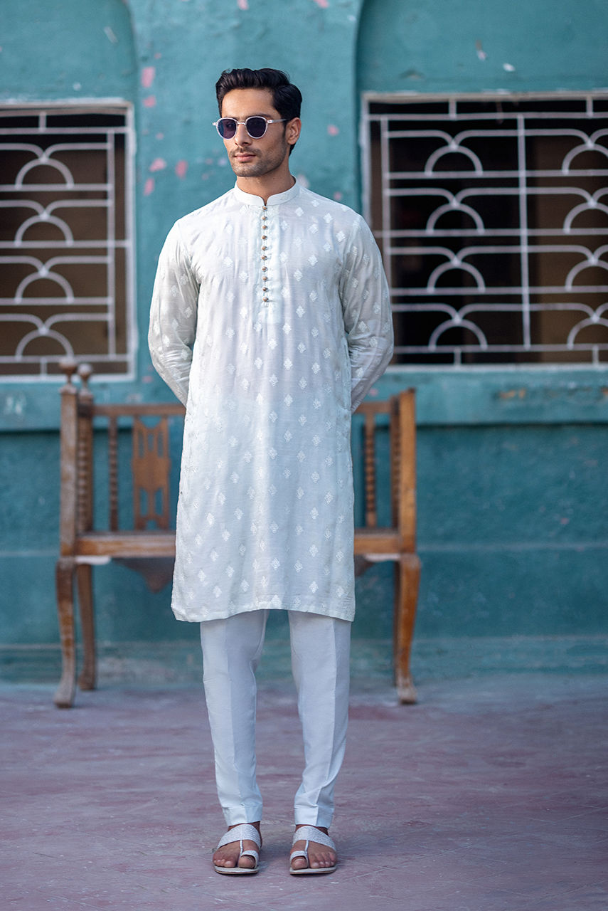 Mint Blue Embroidered Raw Silk Waistcoat Kurta (3-Piece) - Image 4