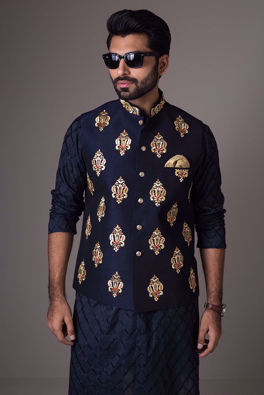 Blue Embroidered Raw Silk Waistcoat (3-Piece) - Image 1