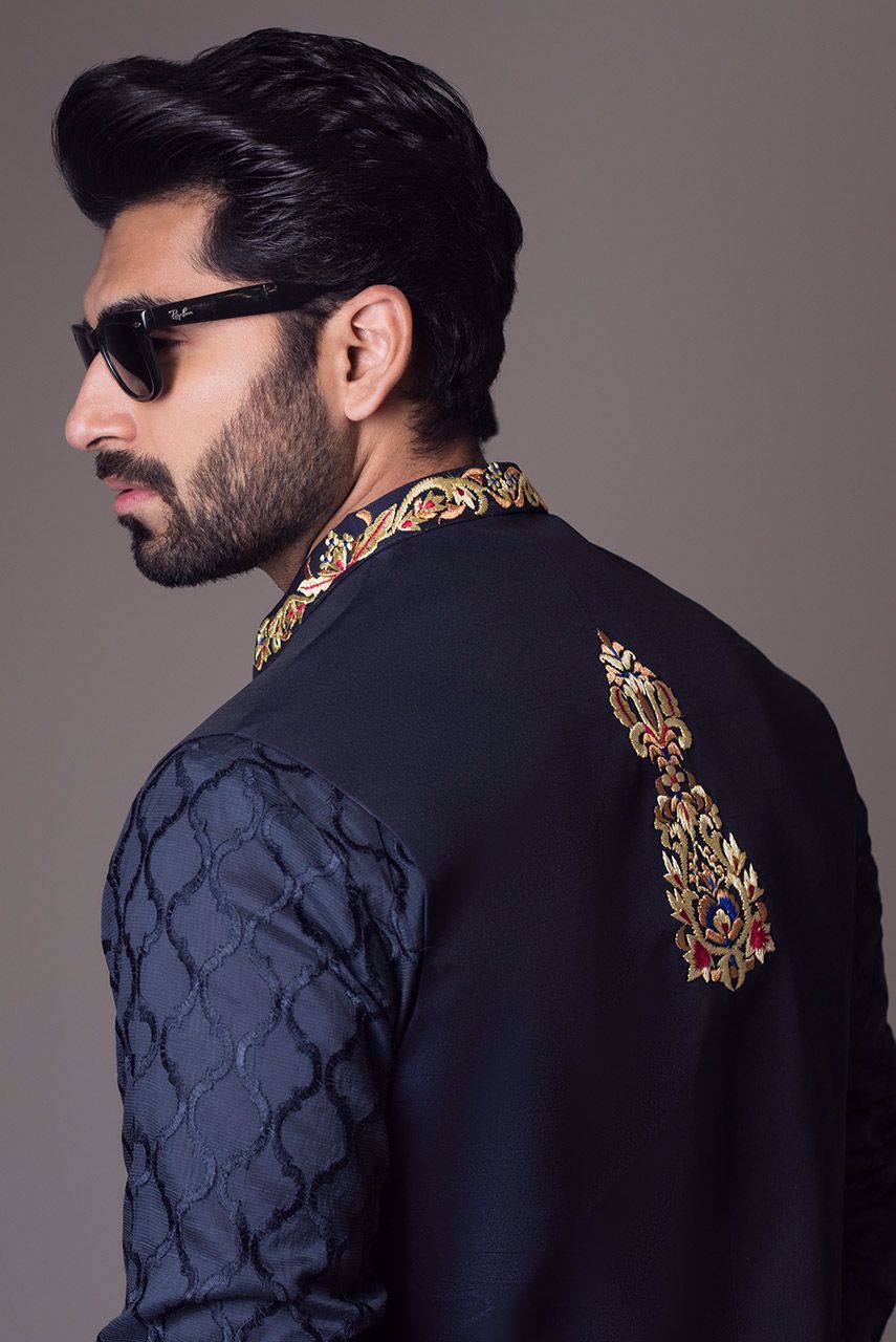 Blue Embroidered Raw Silk Waistcoat (3-Piece) - Image 3