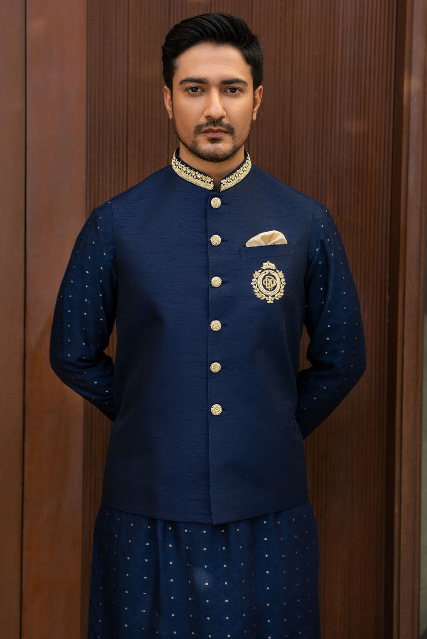 Blue Hand-Embroidered Raw Silk Waistcoat Kurta (3-Piece) - Image 1