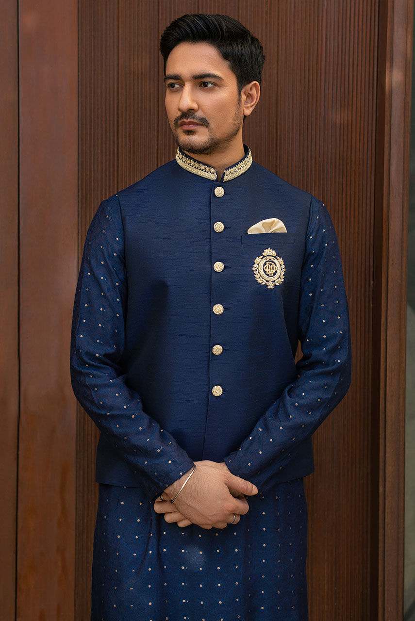 Blue Hand-Embroidered Raw Silk Waistcoat Kurta (3-Piece) - Image 2