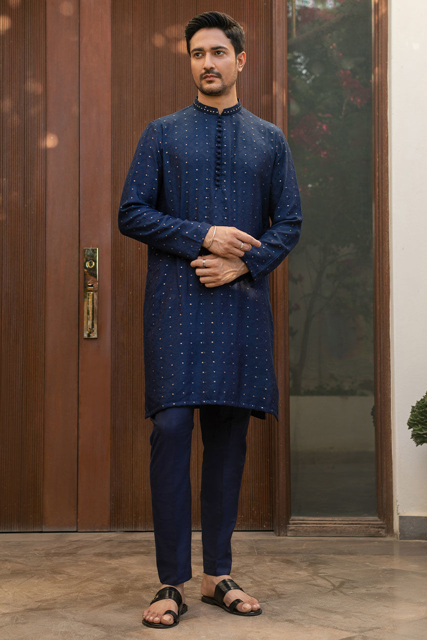 Blue Hand-Embroidered Raw Silk Waistcoat Kurta (3-Piece) - Image 3