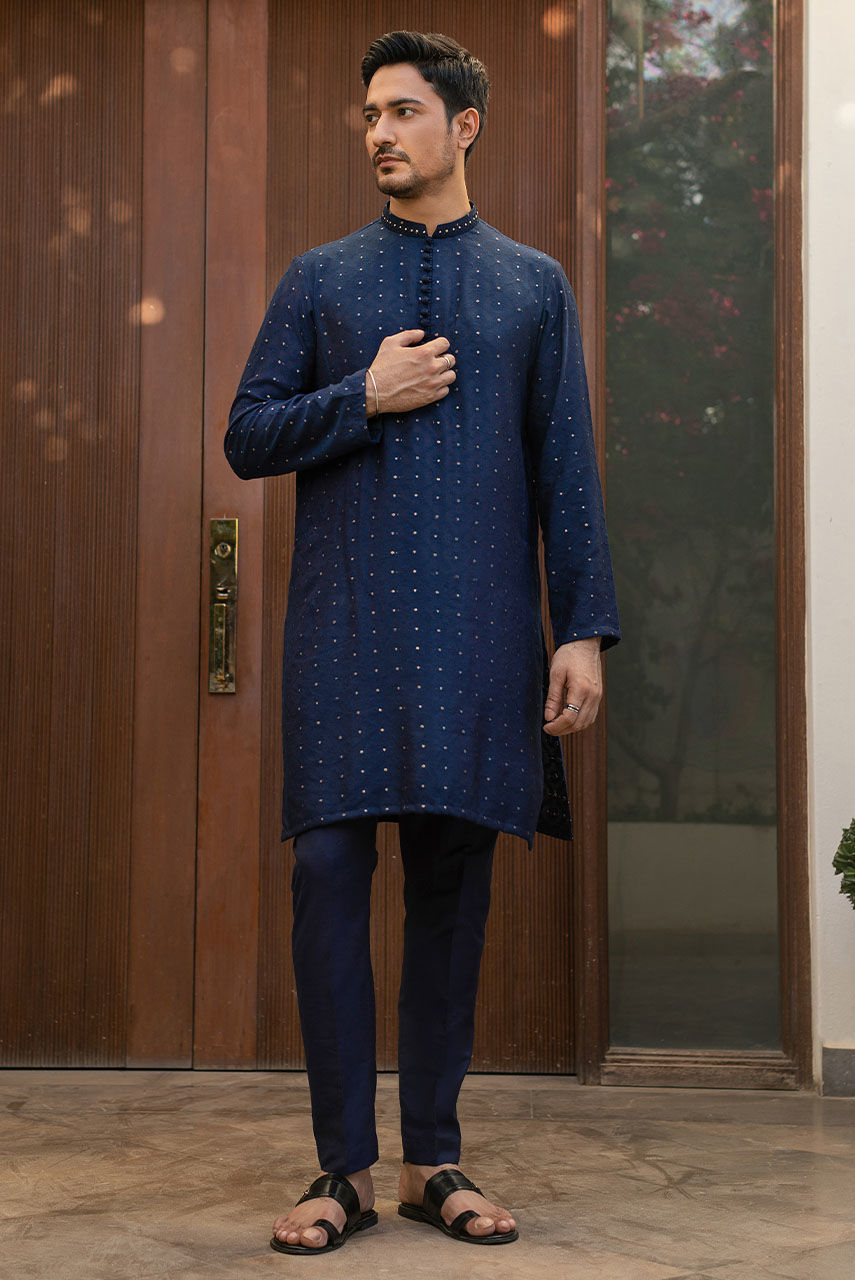 Blue Hand-Embroidered Raw Silk Waistcoat Kurta (3-Piece) - Image 4
