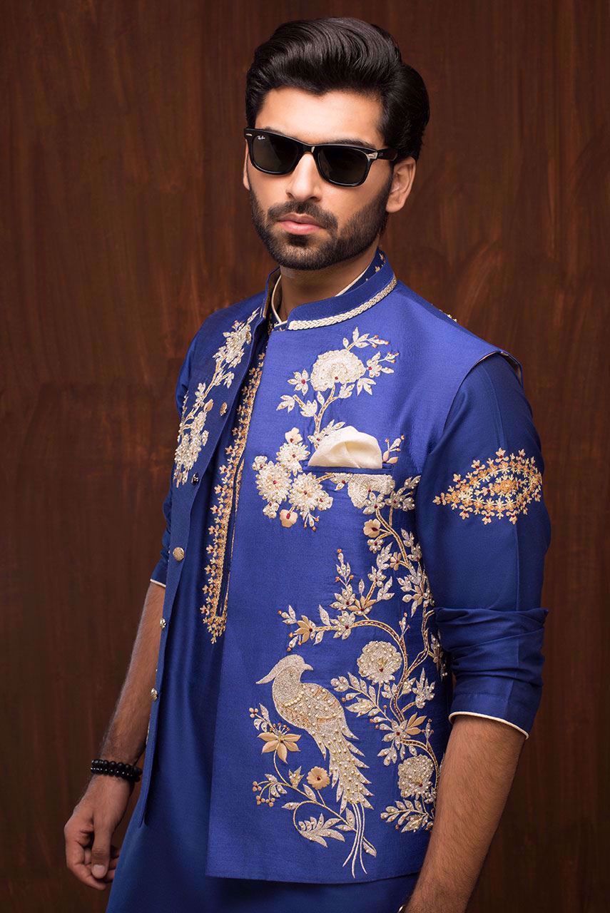 Royal Blue Hand-Embroidered Raw Silk Waistcoat (3-Piece) - Image 1
