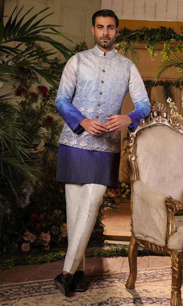 Cool Blue Embroidered Raw Silk Waistcoat Kurta (3-Piece) - Image 2