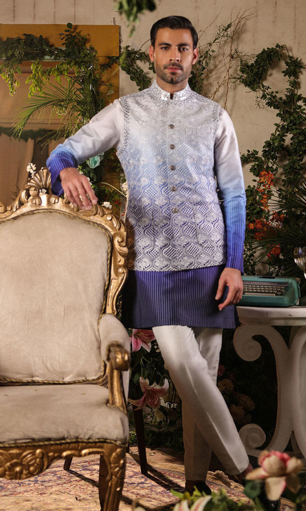 Cool Blue Embroidered Raw Silk Waistcoat Kurta (3-Piece) - Image 3