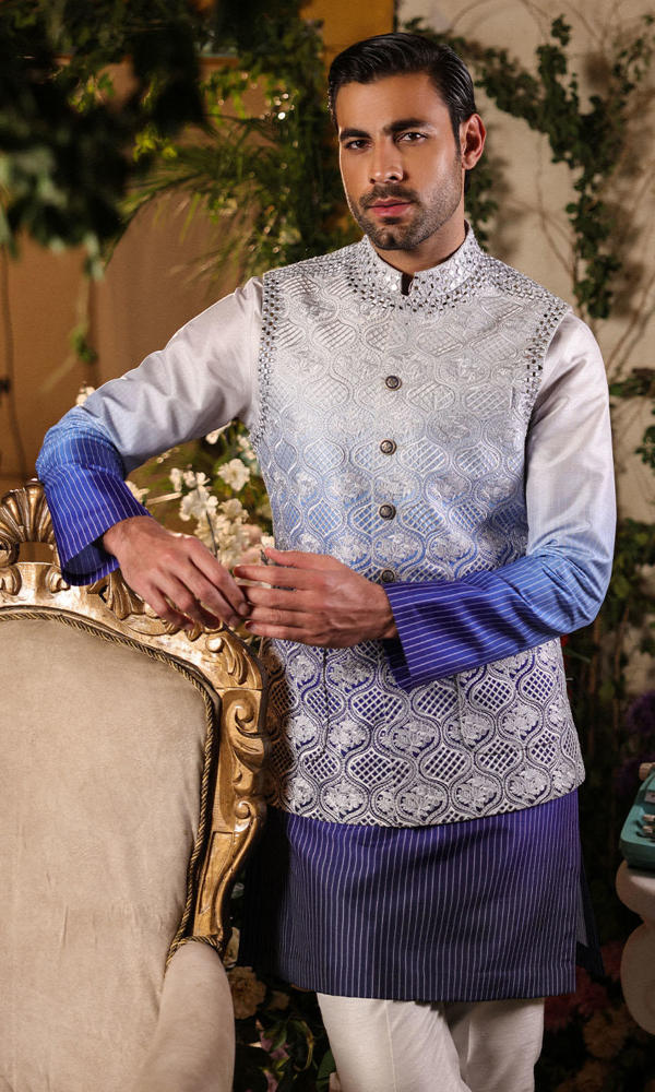 Cool Blue Embroidered Raw Silk Waistcoat Kurta (3-Piece) - Image 4
