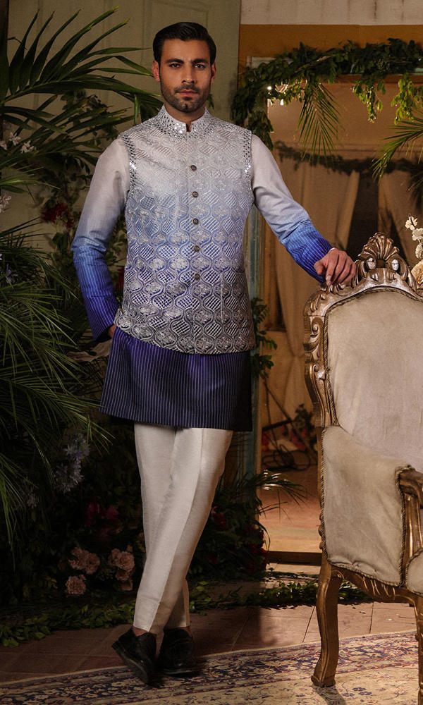 Cool Blue Embroidered Raw Silk Waistcoat Kurta (3-Piece) - Image 5