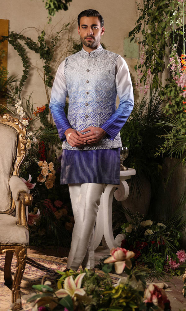 Cool Blue Embroidered Raw Silk Waistcoat Kurta (3-Piece) - Image 6