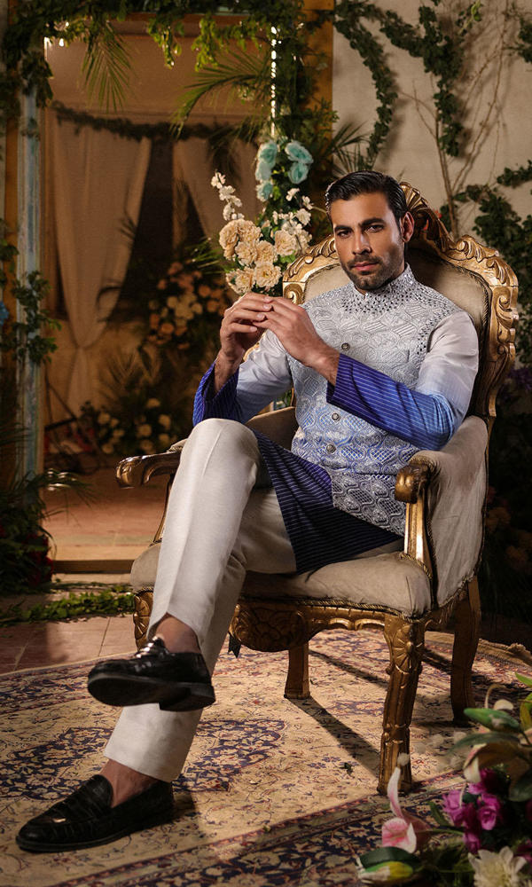 Cool Blue Embroidered Raw Silk Waistcoat Kurta (3-Piece) - Image 7