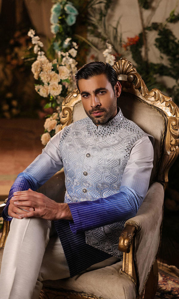 Cool Blue Embroidered Raw Silk Waistcoat Kurta (3-Piece) - Image 8