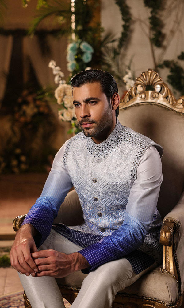 Cool Blue Embroidered Raw Silk Waistcoat Kurta (3-Piece) - Image 9