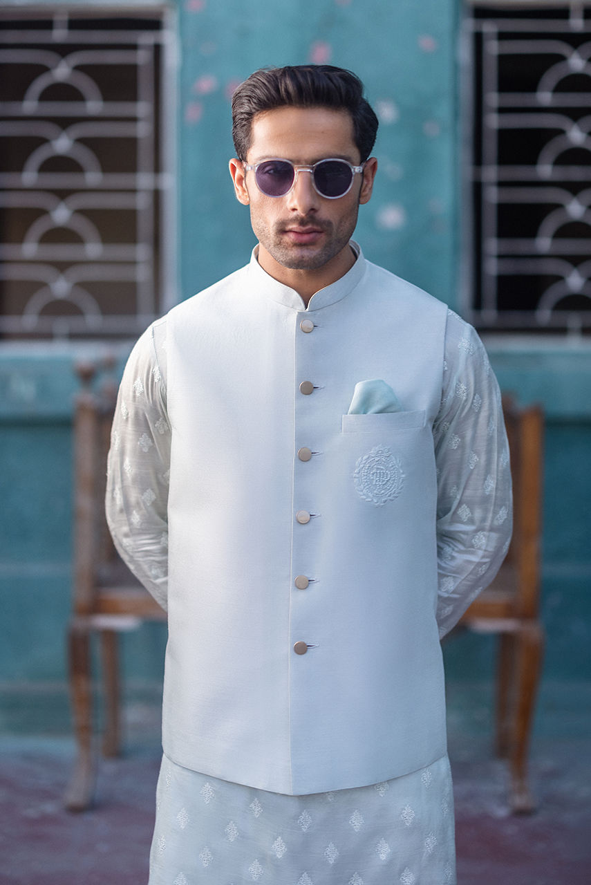 Mint Blue Embroidered Raw Silk Waistcoat Kurta (3-Piece) - Image 2
