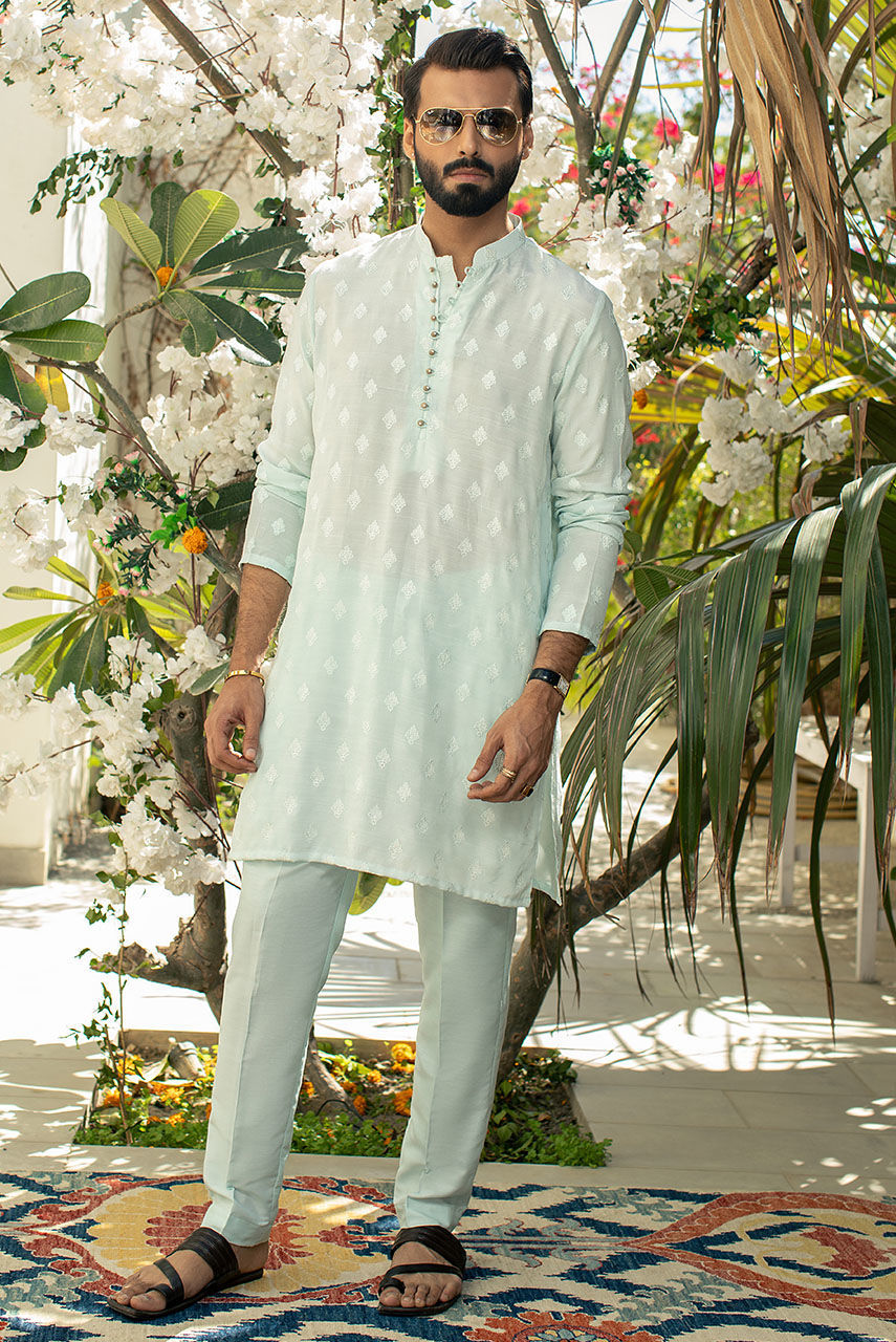 Mint Blue Embroidered Raw Silk Waistcoat Kurta (3-Piece) - Image 1