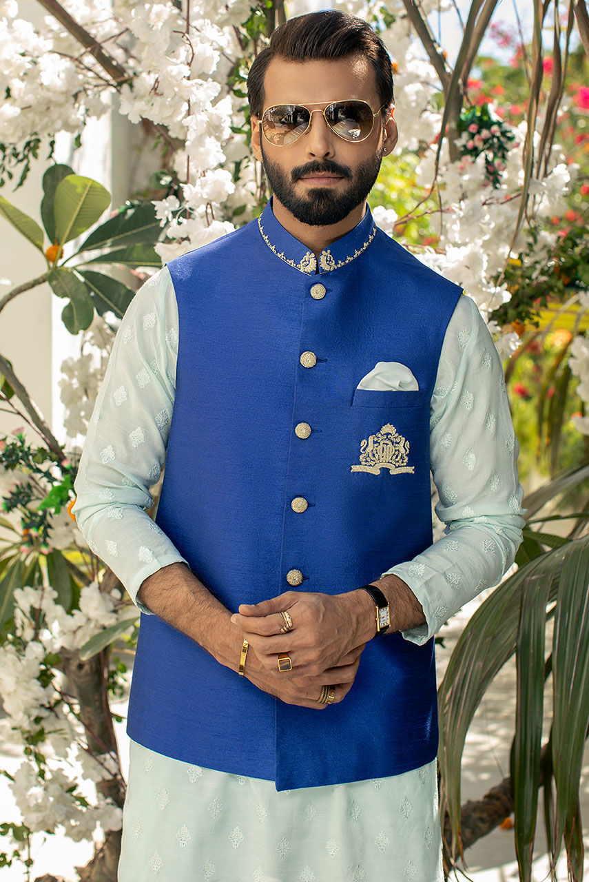 Mint Blue Embroidered Raw Silk Waistcoat Kurta (3-Piece) - Image 3