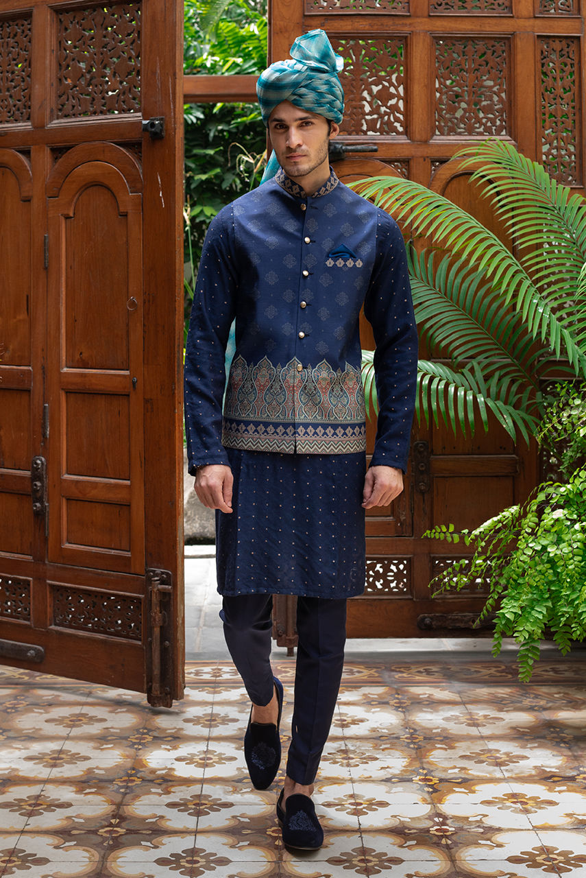 Royal Blue Digital Printed Raw Silk Waistcoat Kurta (3-Piece) - Image 1