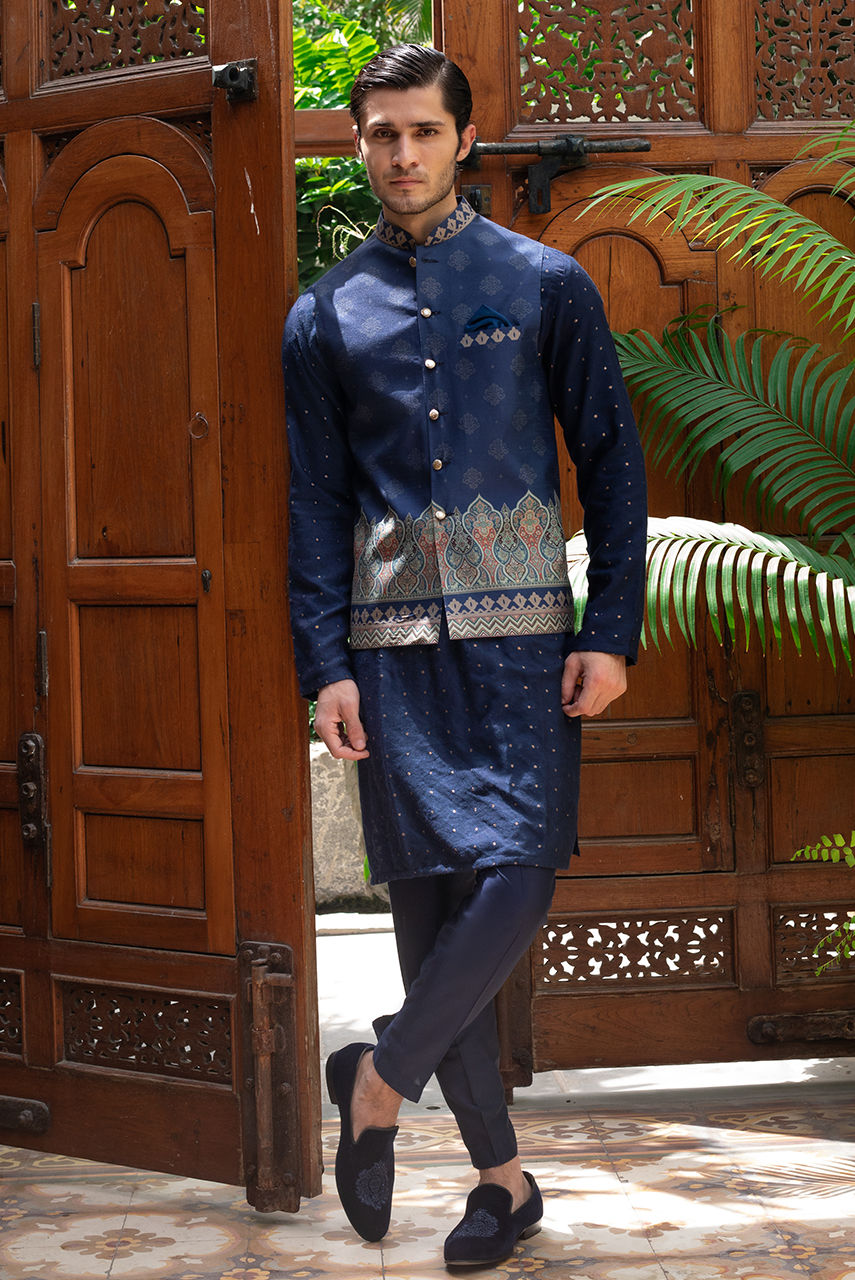 Royal Blue Digital Printed Raw Silk Waistcoat Kurta (3-Piece) - Image 3