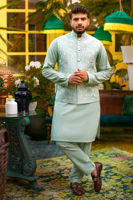 Ice Blue Embroidered Raw Silk Waistcoat Kurta (3-Piece) - Image 2