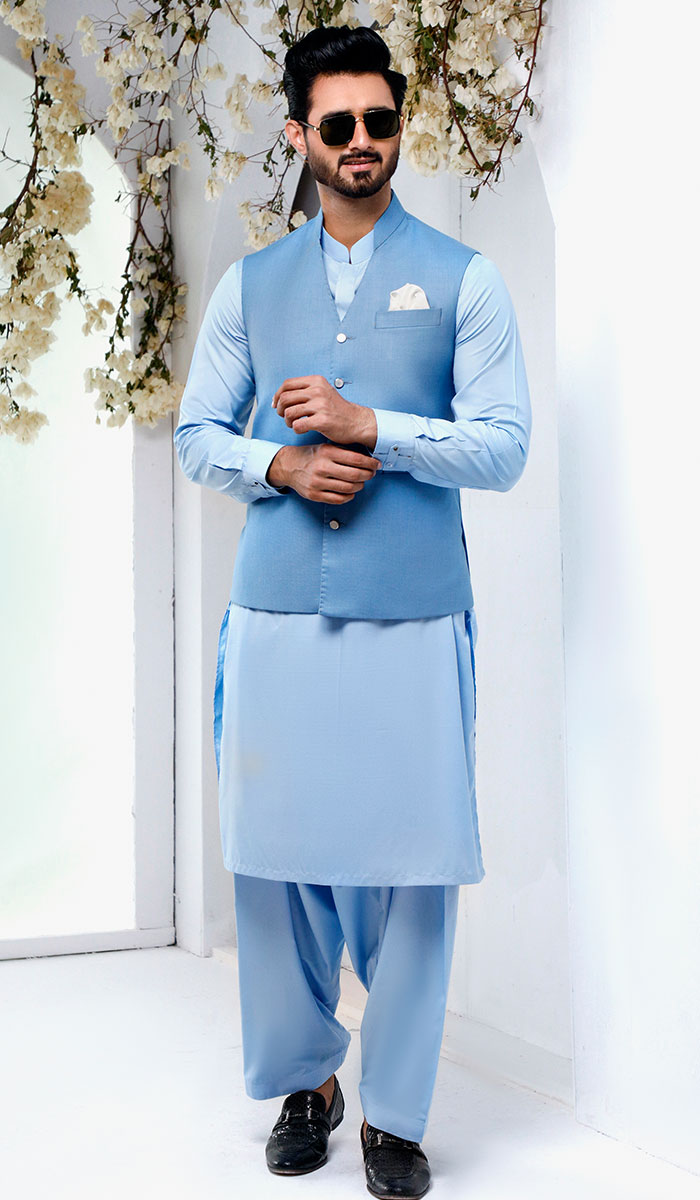 Sky Blue Raw Silk Waistcoat Kurta Set (3-Piece) - Image 1