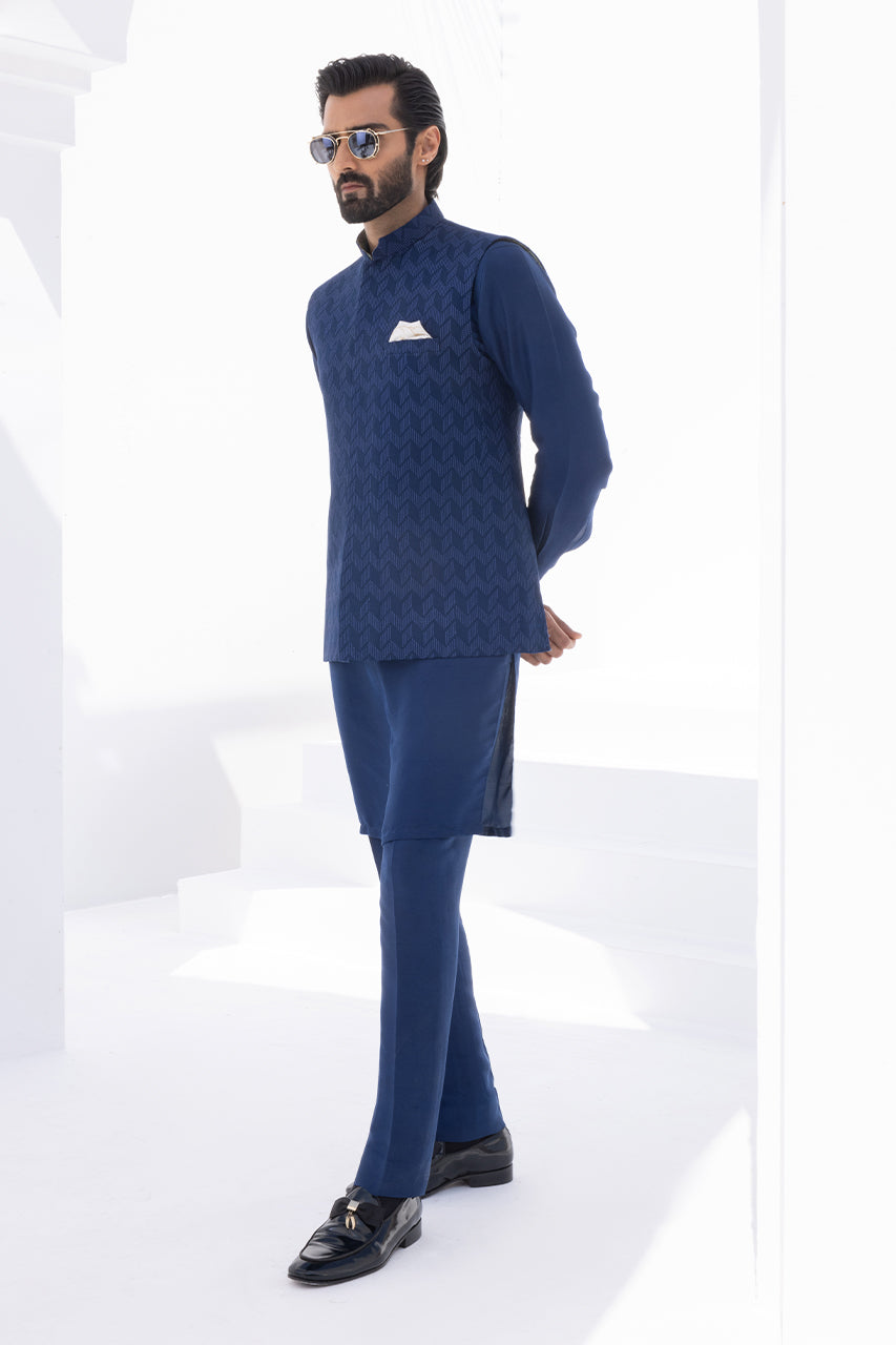 Cerulean Blue Embroidered Raw Silk Waistcoat Kurta (3-Piece) - Image 1