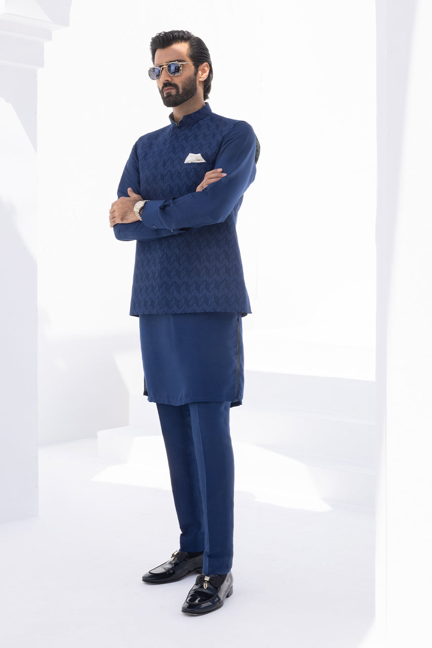 Cerulean Blue Embroidered Raw Silk Waistcoat Kurta (3-Piece) - Image 3