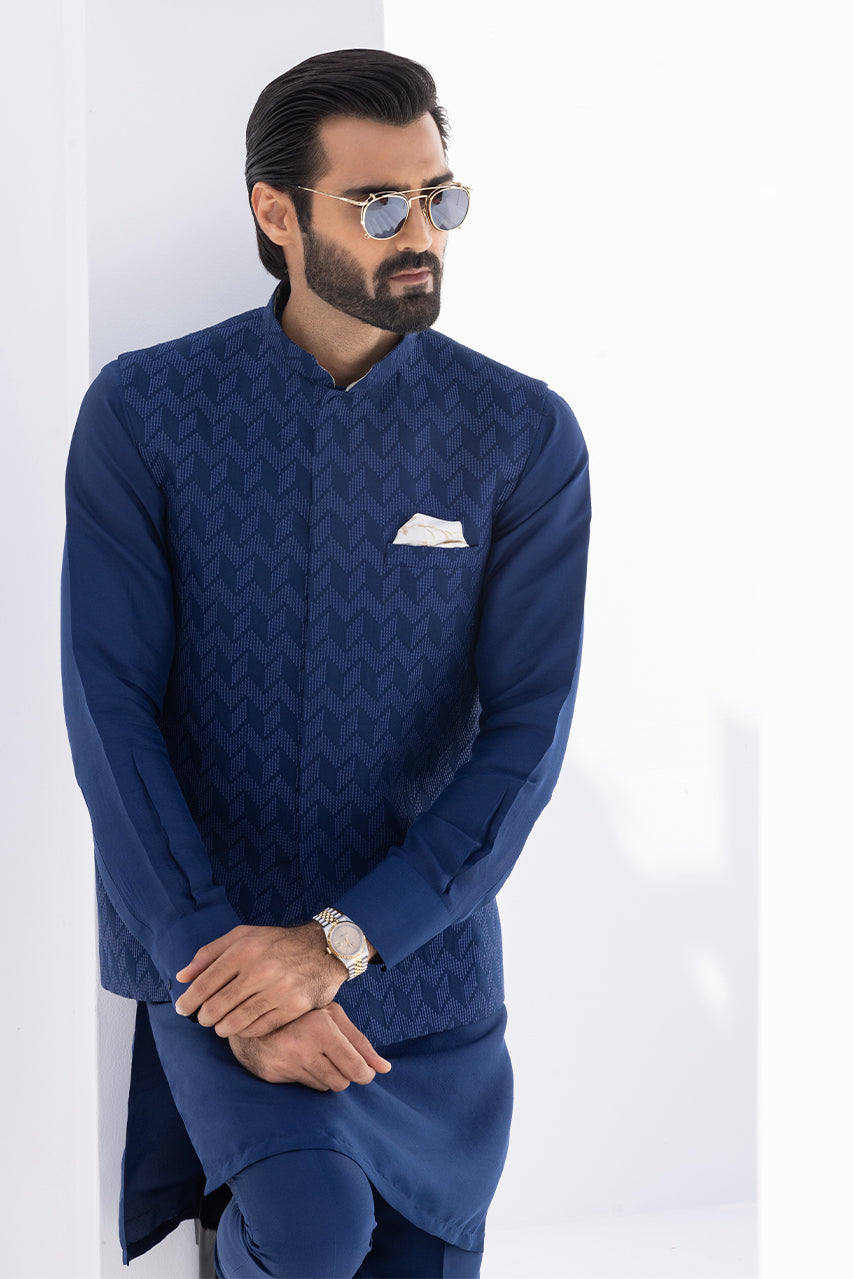 Cerulean Blue Embroidered Raw Silk Waistcoat Kurta (3-Piece) - Image 4