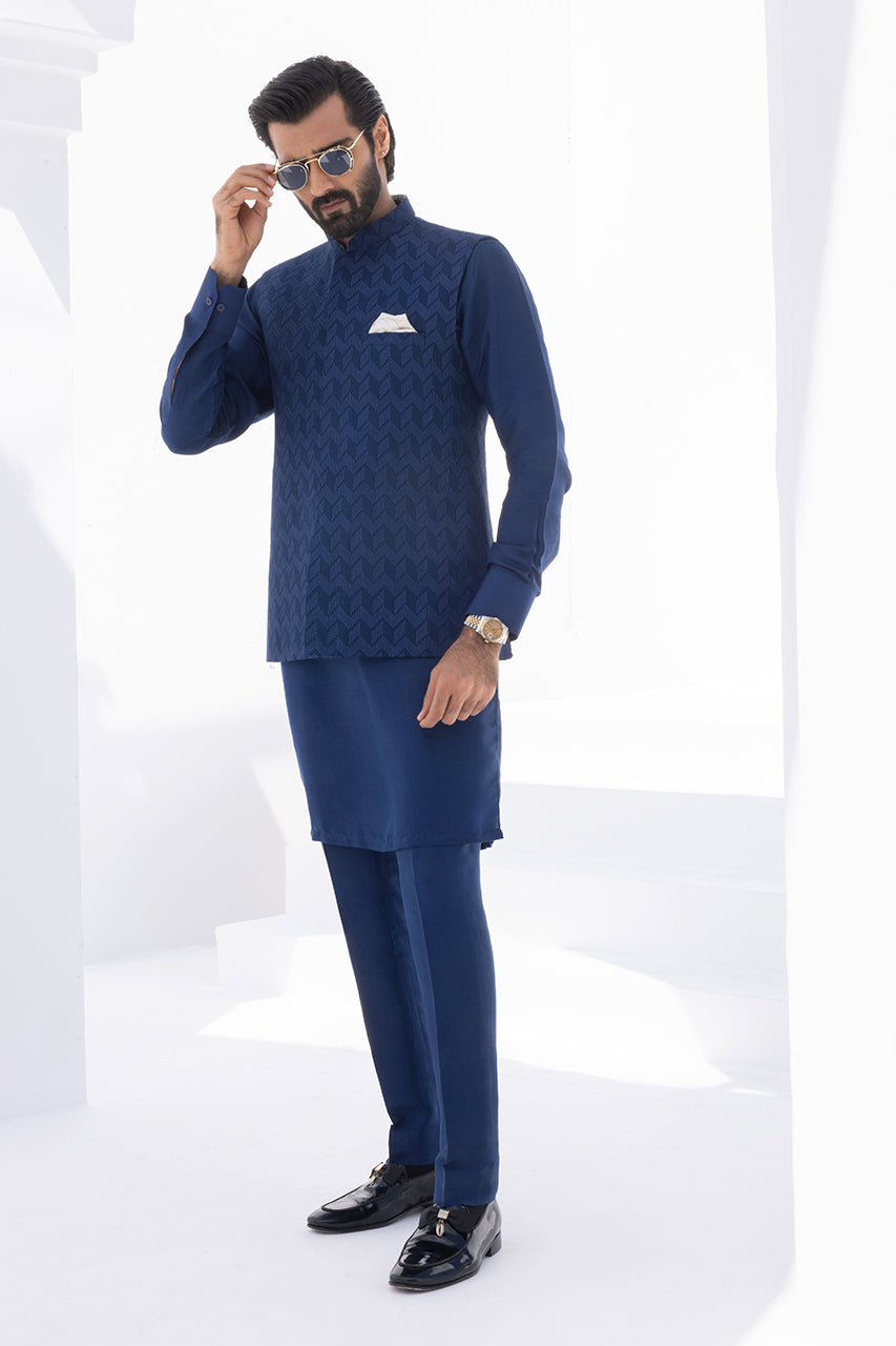 Cerulean Blue Embroidered Raw Silk Waistcoat Kurta (3-Piece) - Image 5