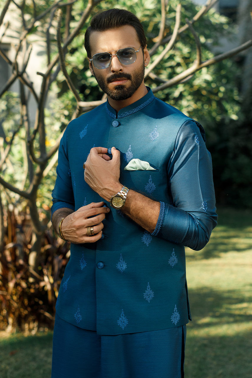 Blue Embroidered Raw Silk Waistcoat Kurta Pajama (3-Piece) - Image 1