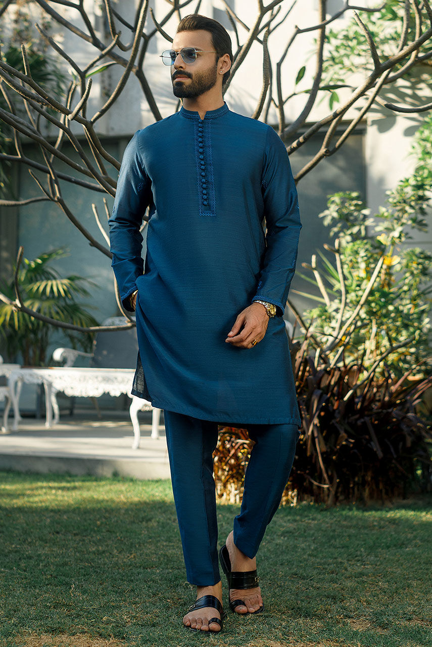 Blue Embroidered Raw Silk Waistcoat Kurta Pajama (3-Piece) - Image 4