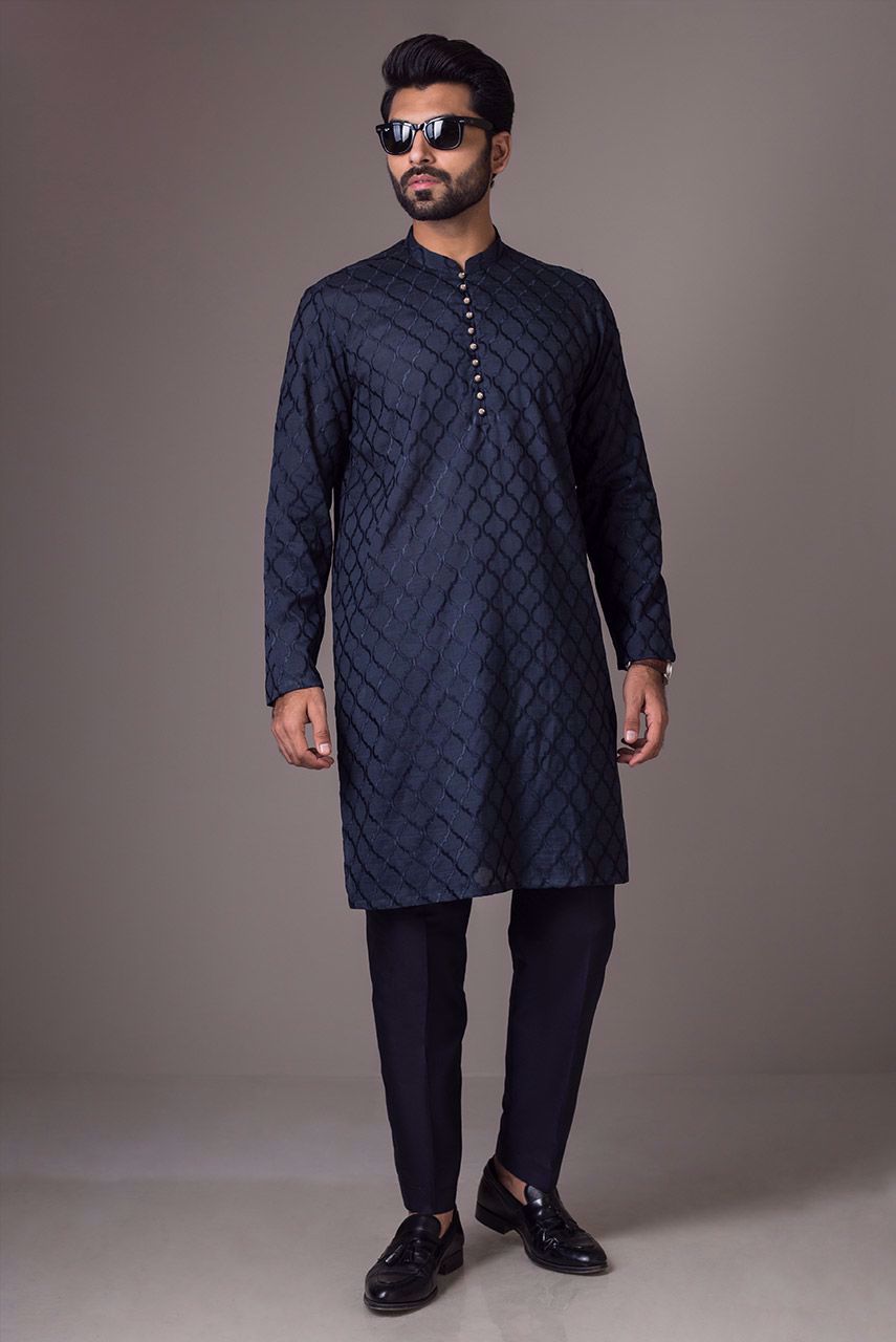 Deep Blue Embroidered Raw Silk Waistcoat Kurta (3-Piece) - Image 1
