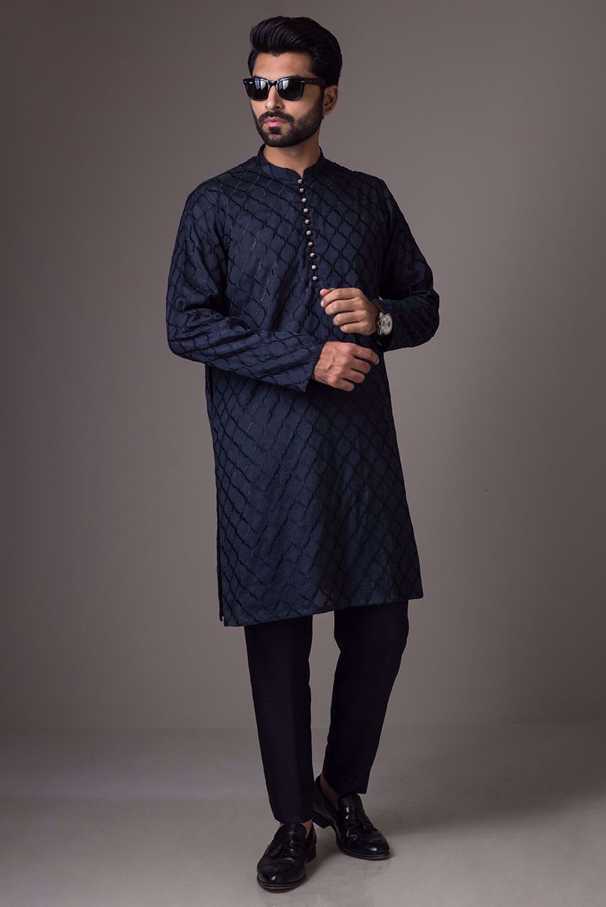 Deep Blue Embroidered Raw Silk Waistcoat Kurta (3-Piece) - Image 2