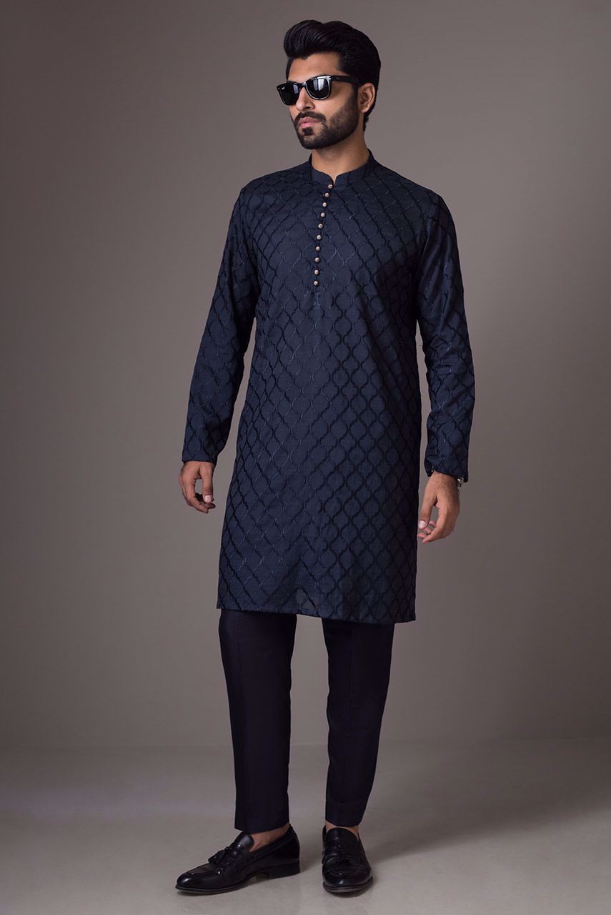 Deep Blue Embroidered Raw Silk Waistcoat Kurta (3-Piece) - Image 3