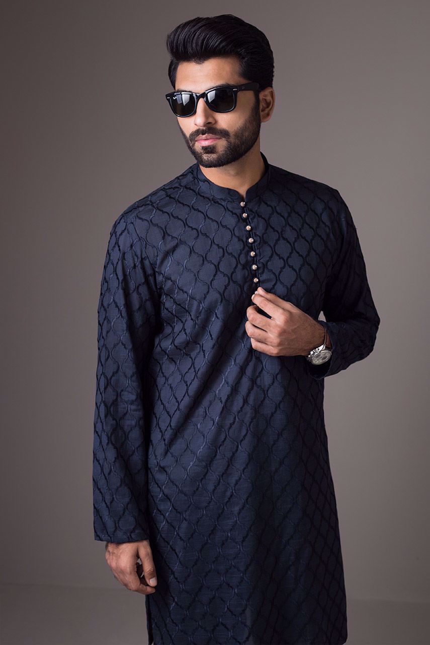 Deep Blue Embroidered Raw Silk Waistcoat Kurta (3-Piece) - Image 4