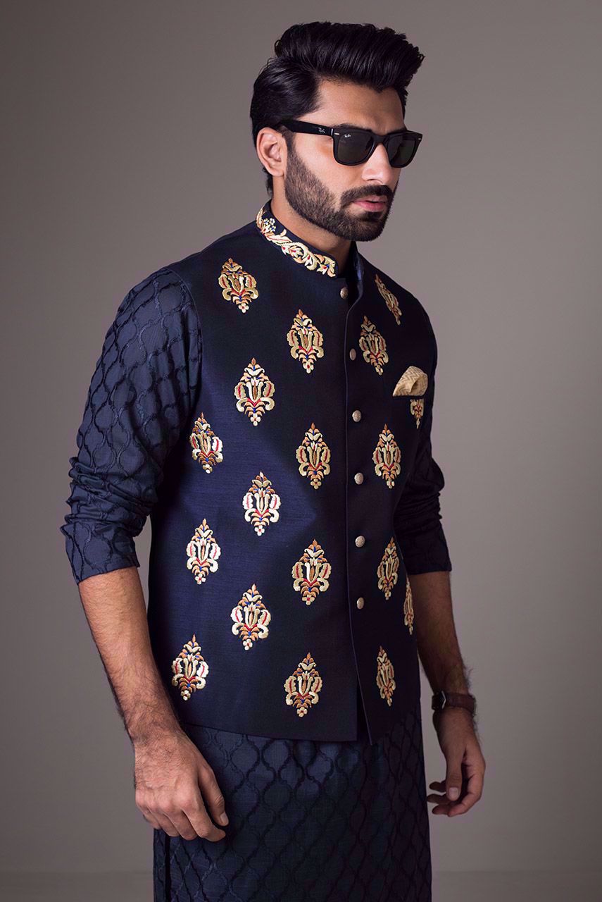 Deep Blue Embroidered Raw Silk Waistcoat Kurta (3-Piece) - Image 6